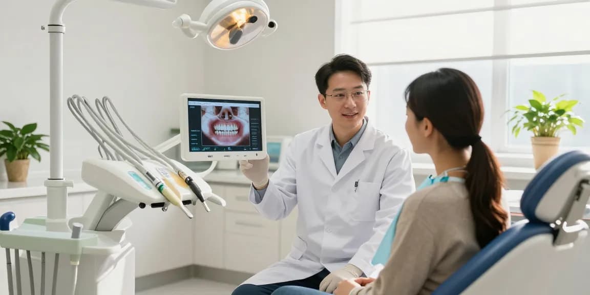 Consultation with a dentist in a modern office as patients check out this site for dental care.