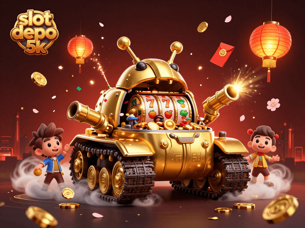 Experience the excitement of slot depo 5k with a vibrant 3D casino scene featuring dynamic slot reels and confetti!