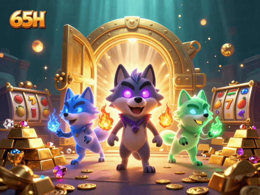 Slots emocionantes com 65H, liderados por um lobo espectral com olhos brilhantes, tesouros e jackpots.