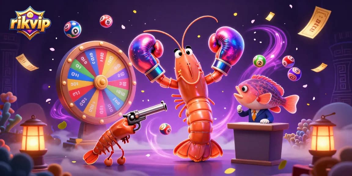 Engage with rikvip by exploring vibrant lottery balls and casino elements in this 3D illustration.