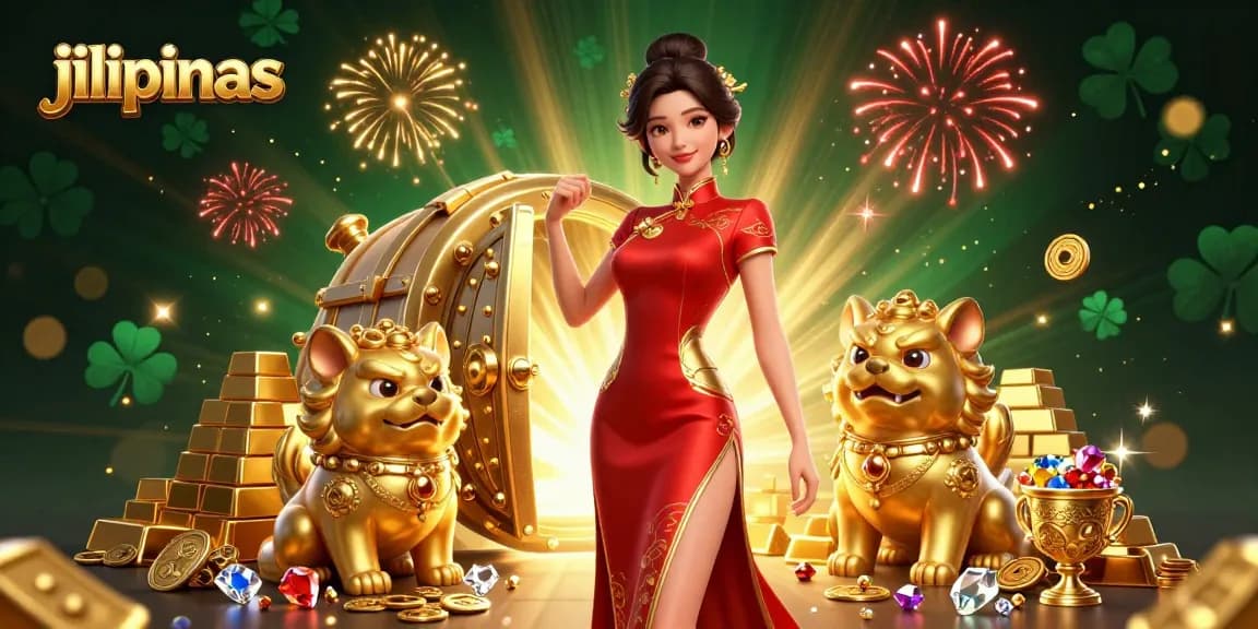 Engage with jilipinas at an Asian-themed online casino featuring vibrant characters and treasures.