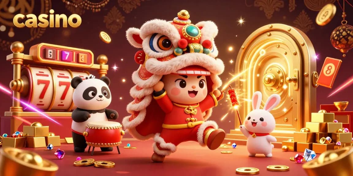 Engage in the exciting casino atmosphere with a festive lion dance and vibrant game elements.