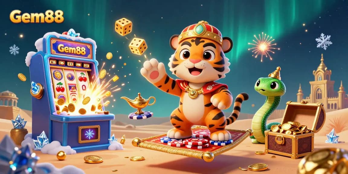 Experience the thrill with Gem88's colorful casino scene featuring enchanting characters and dynamic game elements.