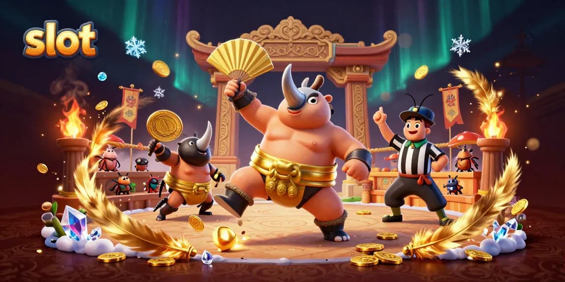 Experience thrilling slot action with a bold beetle champion amidst flying coins and dynamic casino elements.