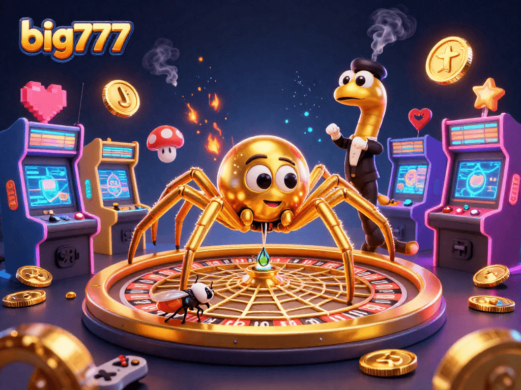 Experience big777 action with an animated spider and croupier in a vibrant casino scene.