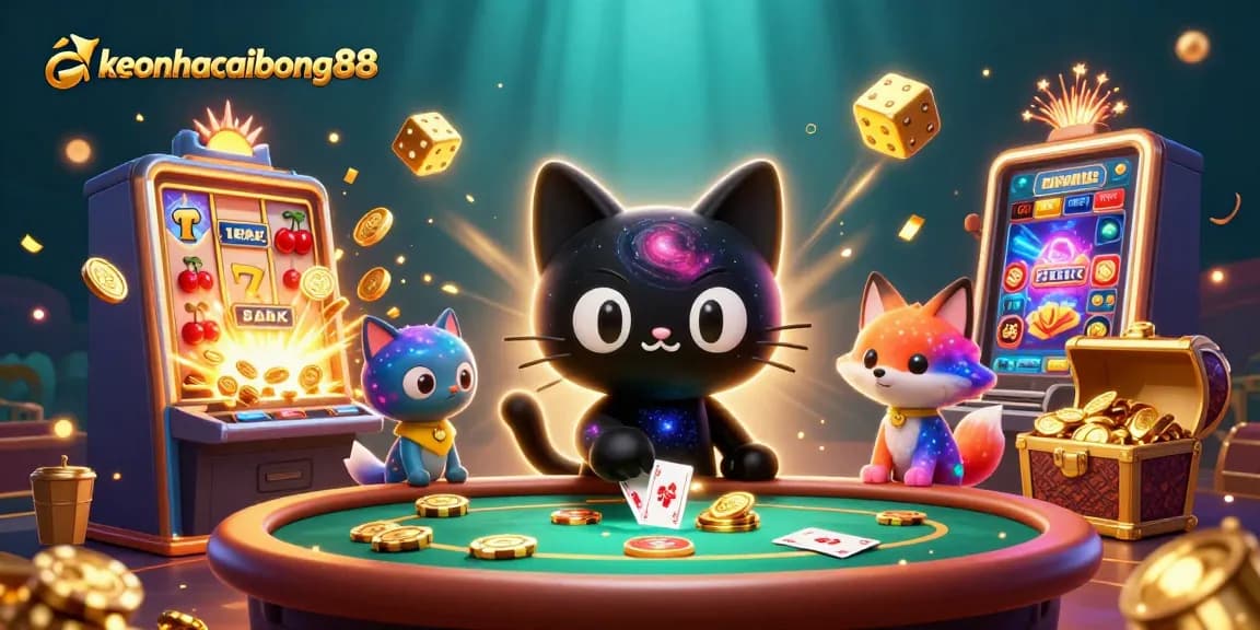 Engage with keonhacaibong88 through a vibrant cosmic casino scene where luck embodies triumph.
