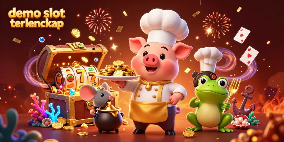 Experience the excitement of demo slot terlengkap with our vibrant casino-themed illustration featuring playful characters and slot elements.