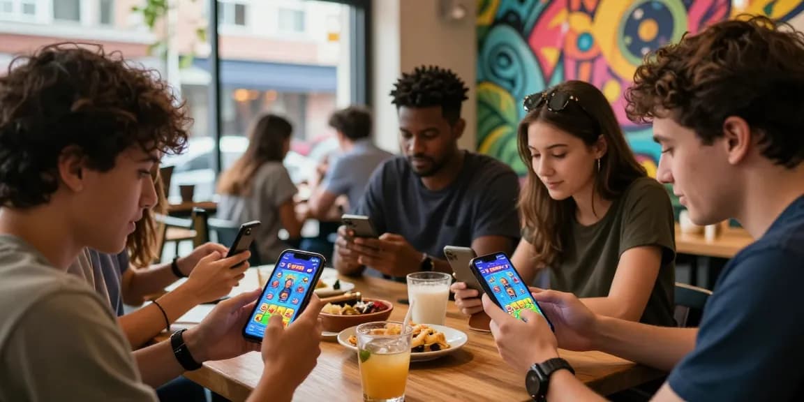 Group enjoying games on 3 Patti World app at café; discover the official site for downloads.