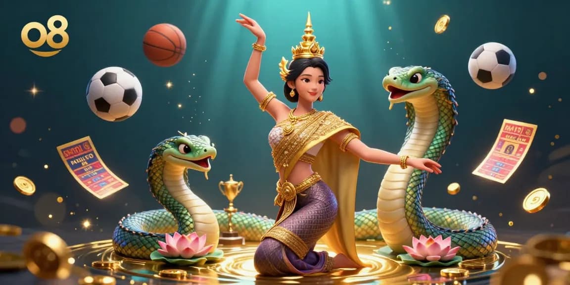 Experience the thrill of gaming with o8 in this vibrant casino scene featuring a Thai dancer and Naga serpent.