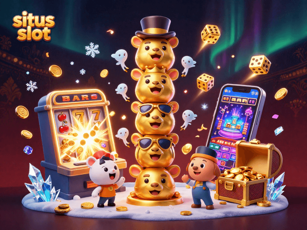 Menangkan jackpot di situs slot dengan ilustrasi mesin slot 3D yang penuh dengan koin dan cahaya.