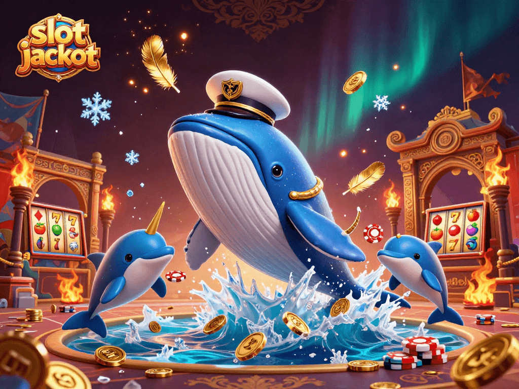 Experience thrilling slot jackpot excitement with a 3D whale and playful dolphins in a sea of coins.