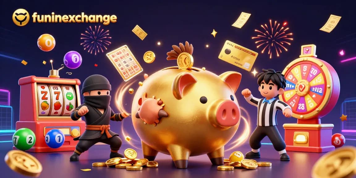 Spin and win with funinexchange's vibrant 3D illustration of a gaming extravaganza.