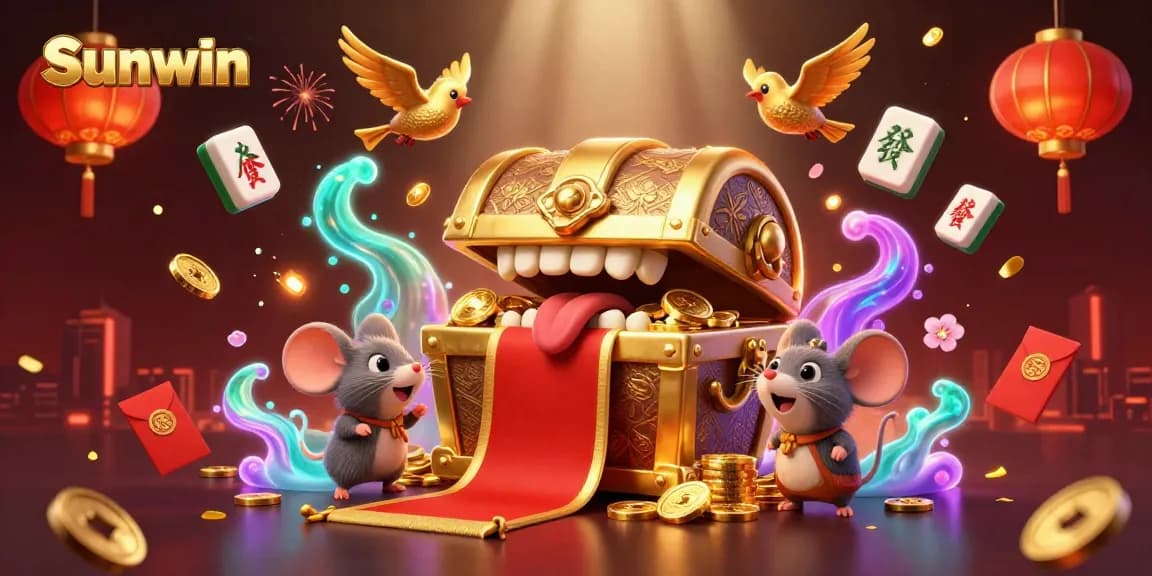 Play exciting games at Sunwin with a vibrant 3D treasure chest and a rich casino atmosphere.