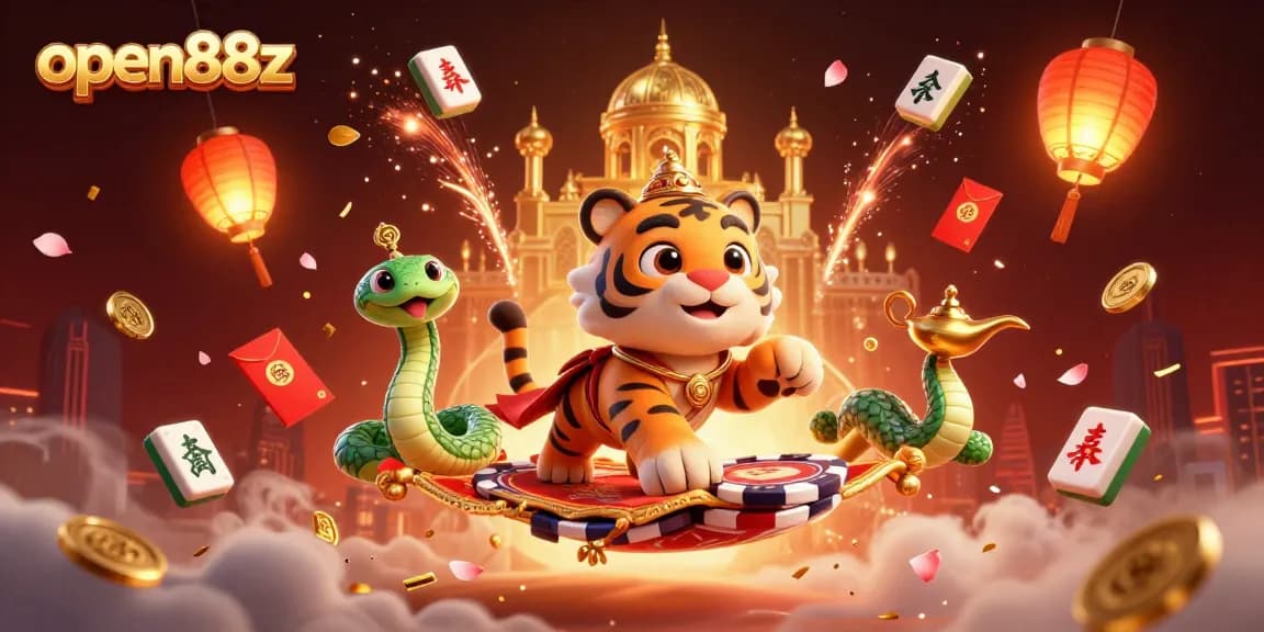 Experience thrills with open88z's vibrant casino elements and engaging characters in a magical scene.