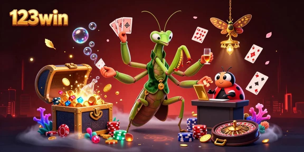 Join the excitement at 123win with vibrant casino elements and lively characters in a dynamic scene.