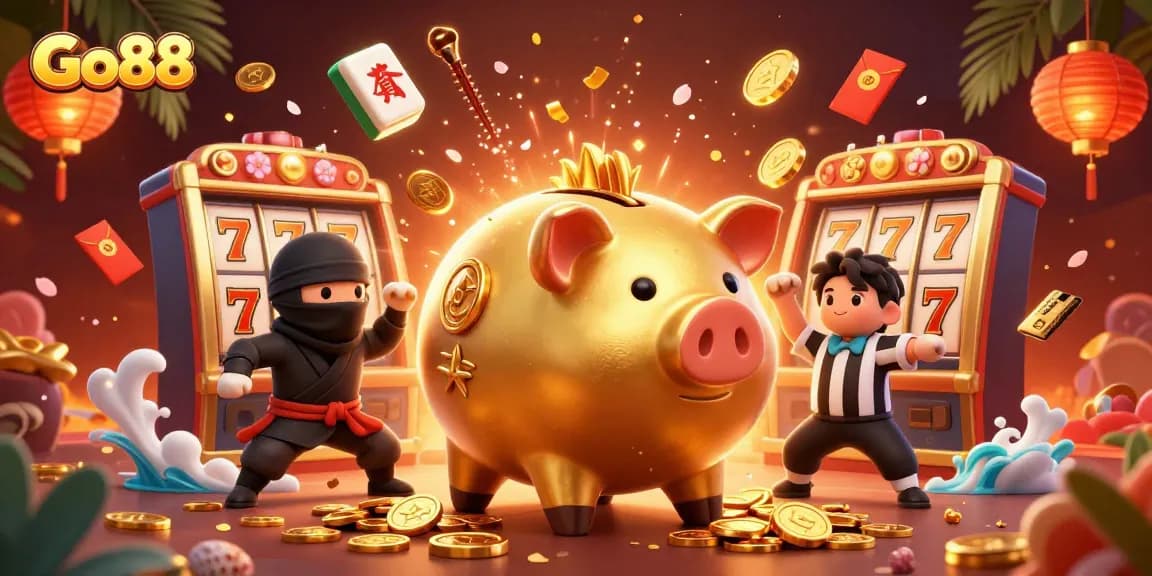Engage with Go88's lively environment, showcasing a majestic piggy bank wrestler amidst jackpot reels and dynamic elements.