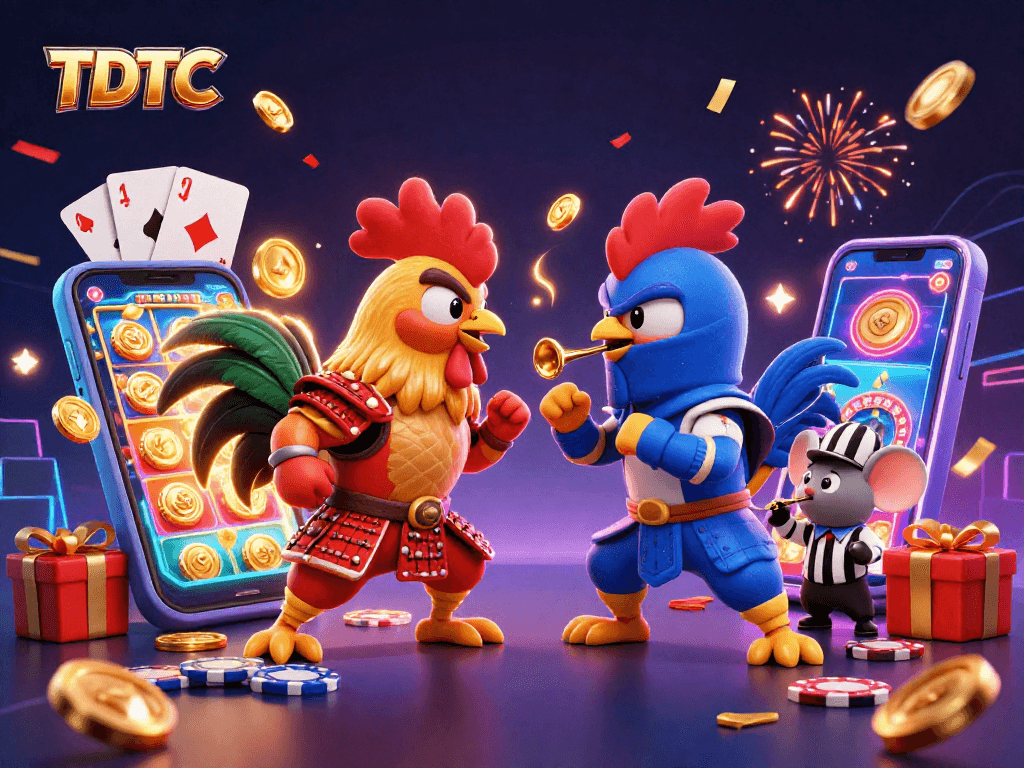 Engage with TDTC's thrilling casino experience featuring dynamic cartoon roosters and slot games.