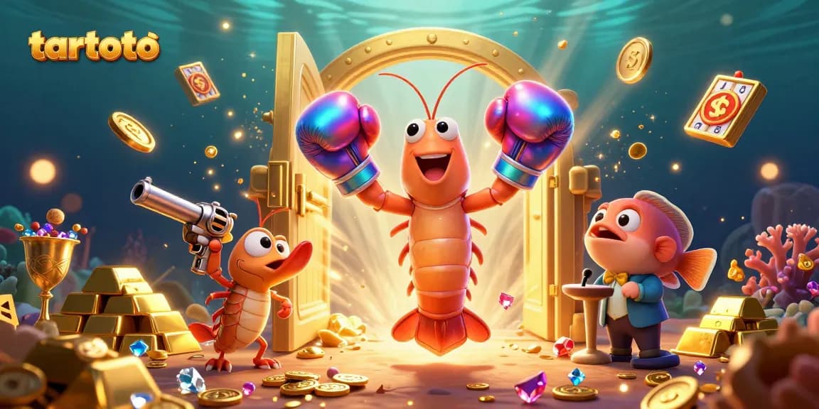 Tartoto's dynamic scene features a mantis shrimp and pistol shrimp celebrating jackpot wins amid gold treasure.