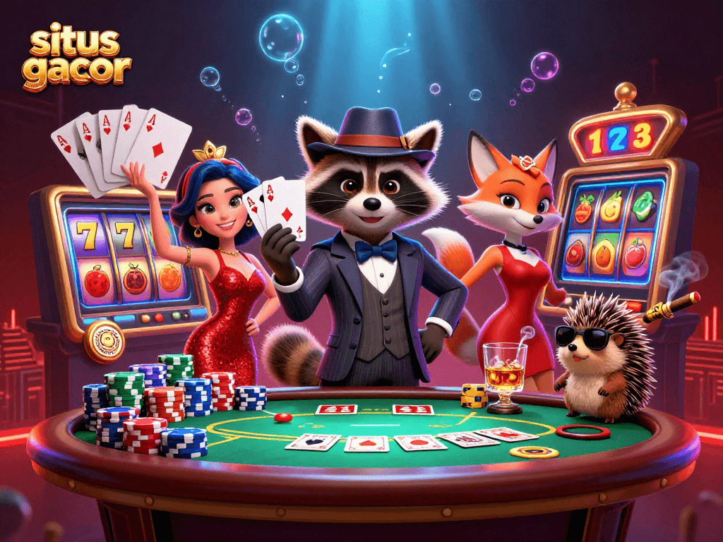 Situs gacor dengan karakter ceria, rakun, rubah, dan landak di kasino penuh slot dan simbol keberuntungan.