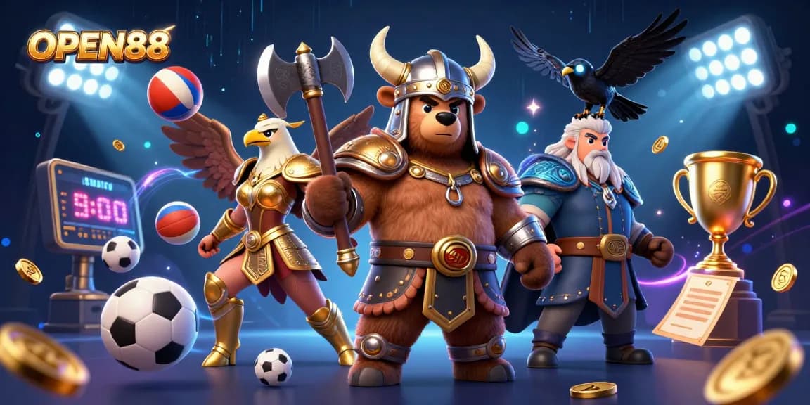OPEN88 players engaging with a vibrant 3D casino scene filled with animated sports elements and gold coins.