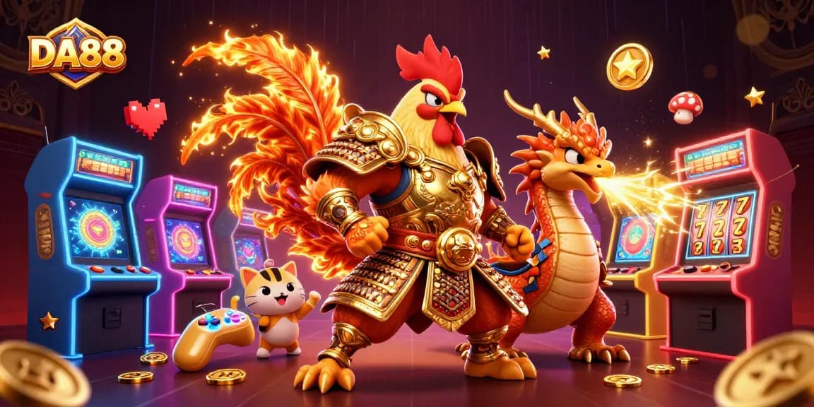 Engage with the DA88 slots experience featuring a heroic rooster and dragon in a dynamic casino scene.