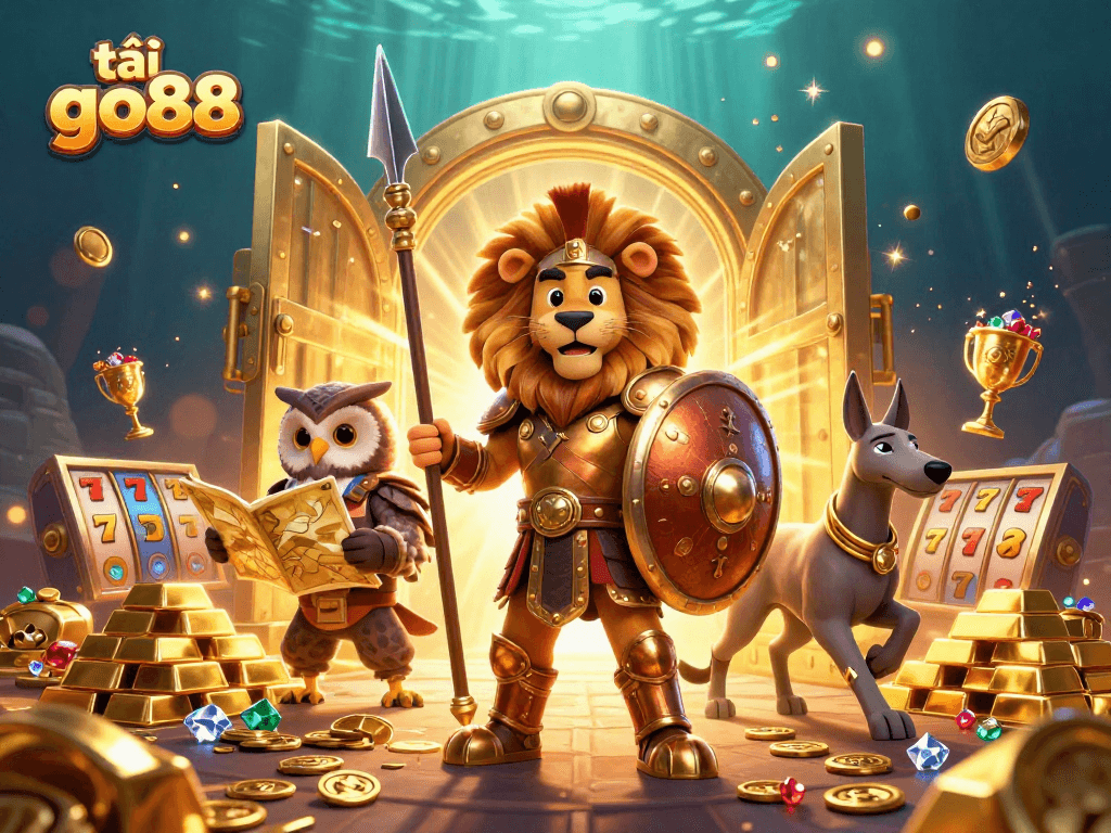 Experience the thrill with tải go88, featuring iconic 3D characters amidst gold treasures and gaming elements.
