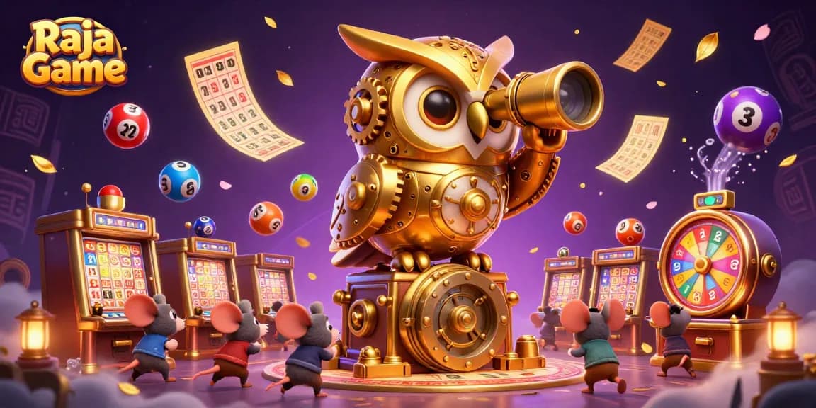 Experience thrilling gameplay with Raja Game as a golden owl surveys a vibrant casino filled with excitement.