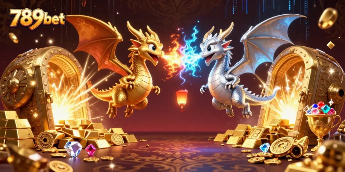Experience the thrill of 789bet with our dynamic 3D illustration of dragons amidst casino treasures.
