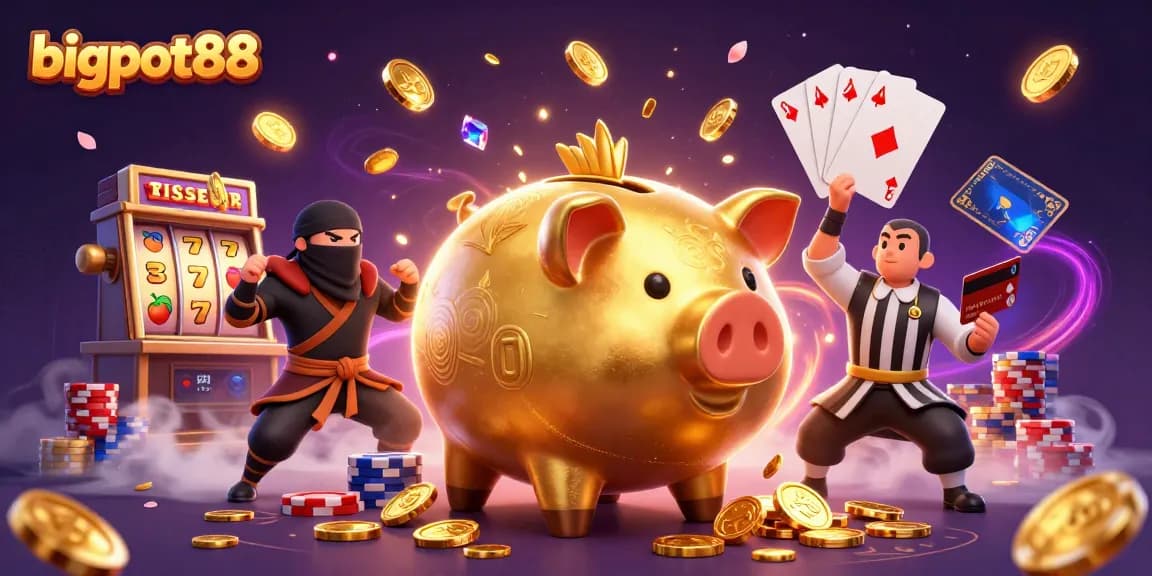 bigpot88 offers thrilling gameplay with dynamic characters and slot action in a vibrant casino scene.