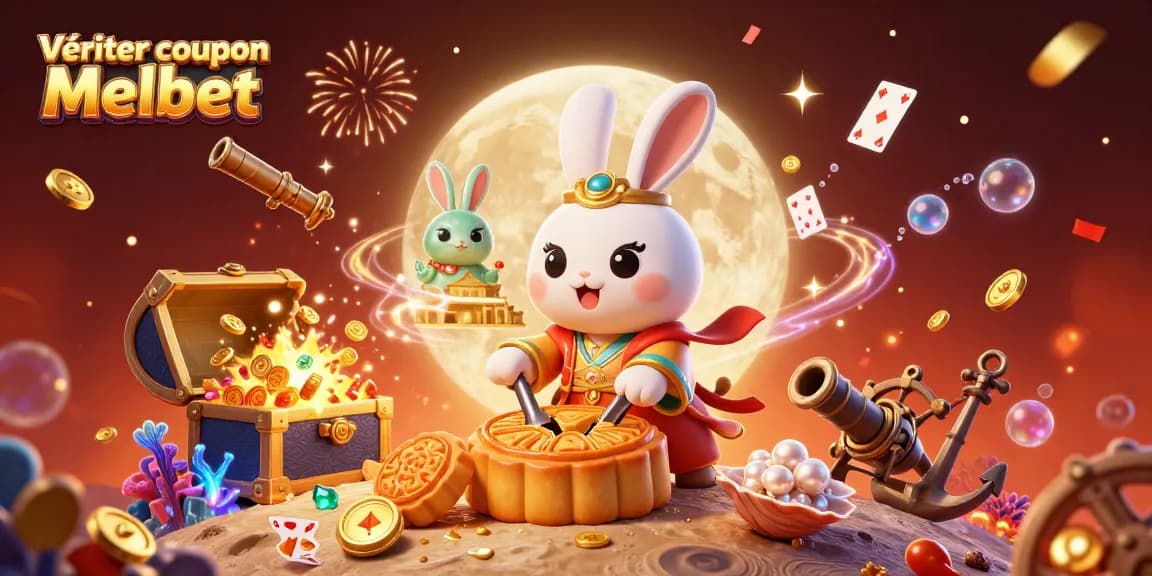 Vérifier coupon Melbet : Illustration dynamique représentant un lapin de lune avec des pièces de poker.