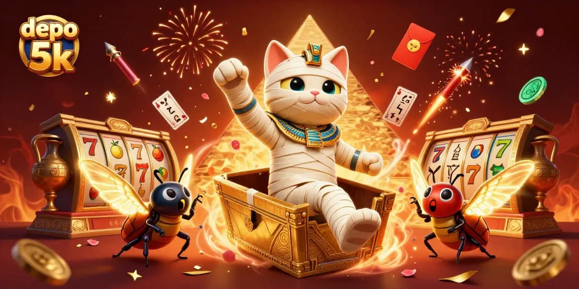 Menangkan putaran slot gacor dengan depo 5k, menampilkan kucing mumi dan elemen kasino yang menarik.