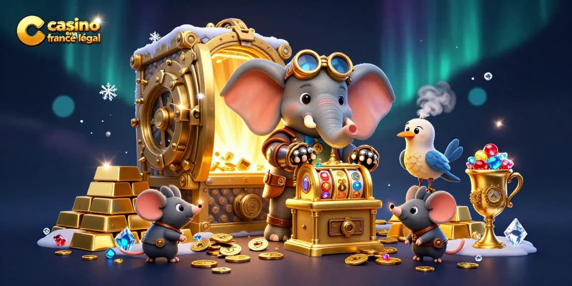 Spin the golden slot machine at a casino en ligne france légal with a steampunk elephant engineer amidst sparkling treasures.