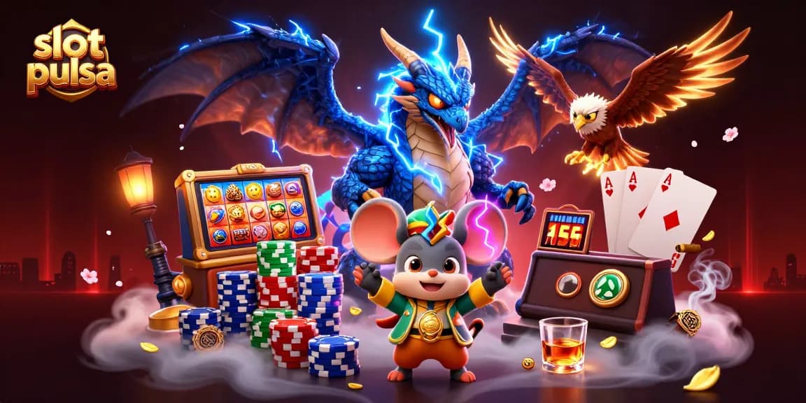 Engage in thrilling slot pulsa action with a powerful thunder dragon, wind hawk, and vibrant casino elements.