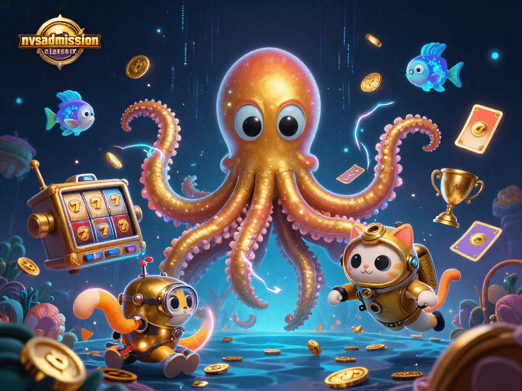 A thrilling representation of nvsadmissionclasssix showcasing a kraken and diving cat in a casino-themed scene, surrounded by dynamic slot elements.