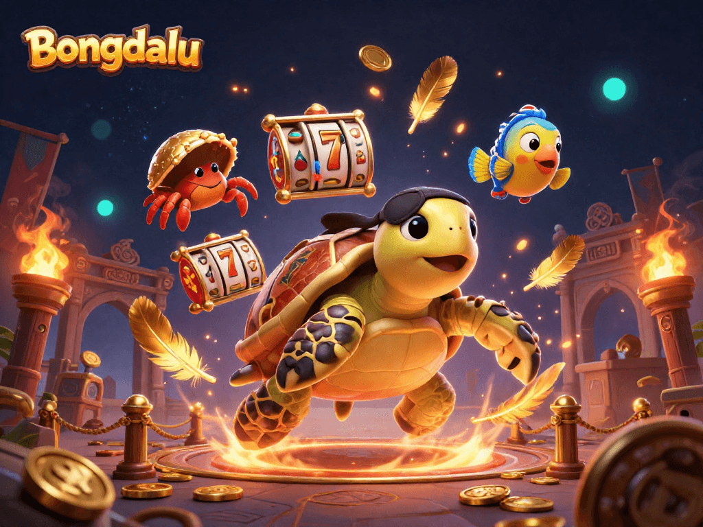 Bongdalu features a pirate turtle and friends amidst a rich casino-themed scene filled with treasures.