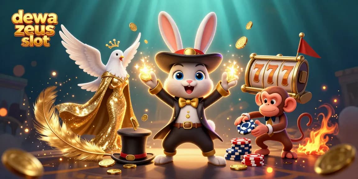 Experience wins with dewa zeus slot, a vibrant scene of a magician, dove, and monkey swapping gold and poker chips.