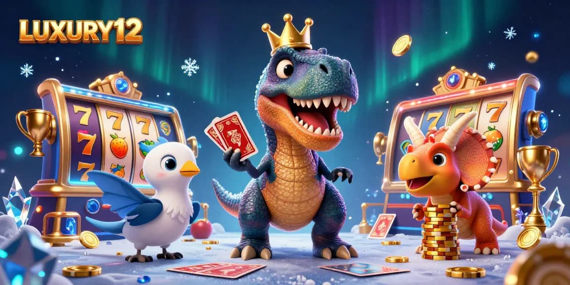 LUXURY12 showcases a lively scene featuring a T-Rex card shuffling, joined by colorful slot reels, and playful casino elements.