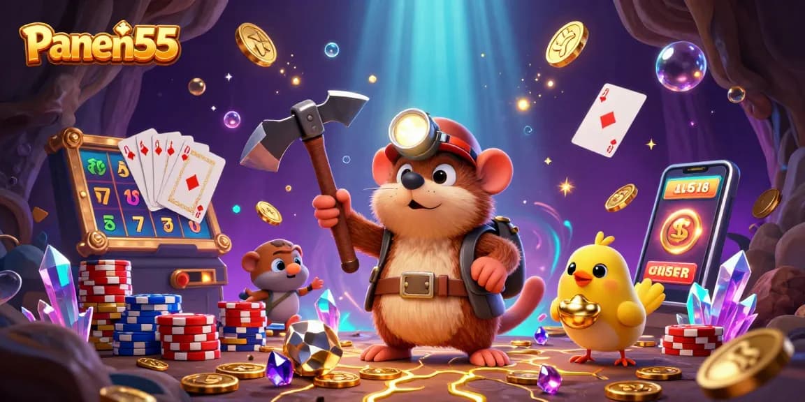 Experience exhilarating wins at Panen55 with dynamic characters, slot machines, and casino treasures.