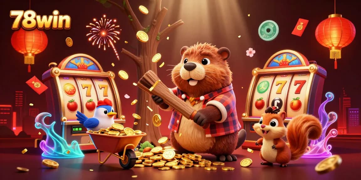 Spin the reels with 78win in a vibrant casino scene full of gold coins and joyful characters.