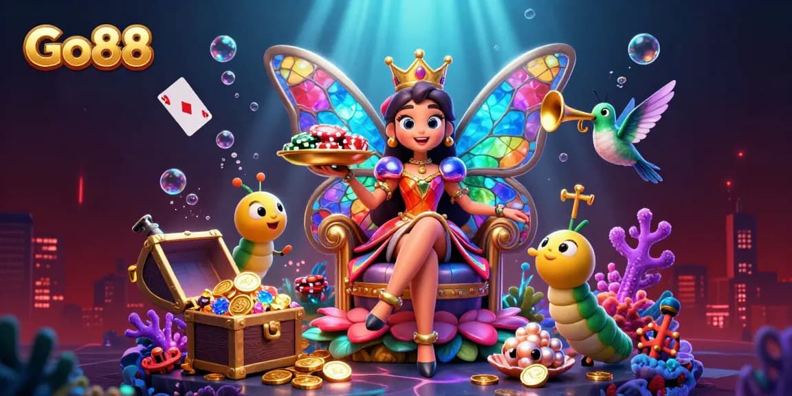 Engage with the vibrant Go88 casino world featuring a butterfly queen amidst a treasure-filled underwater scene.