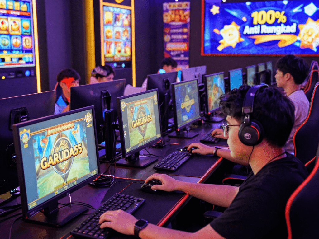 Engaged players enjoying exciting GARUDA55 online slot games in a vibrant gaming atmosphere.