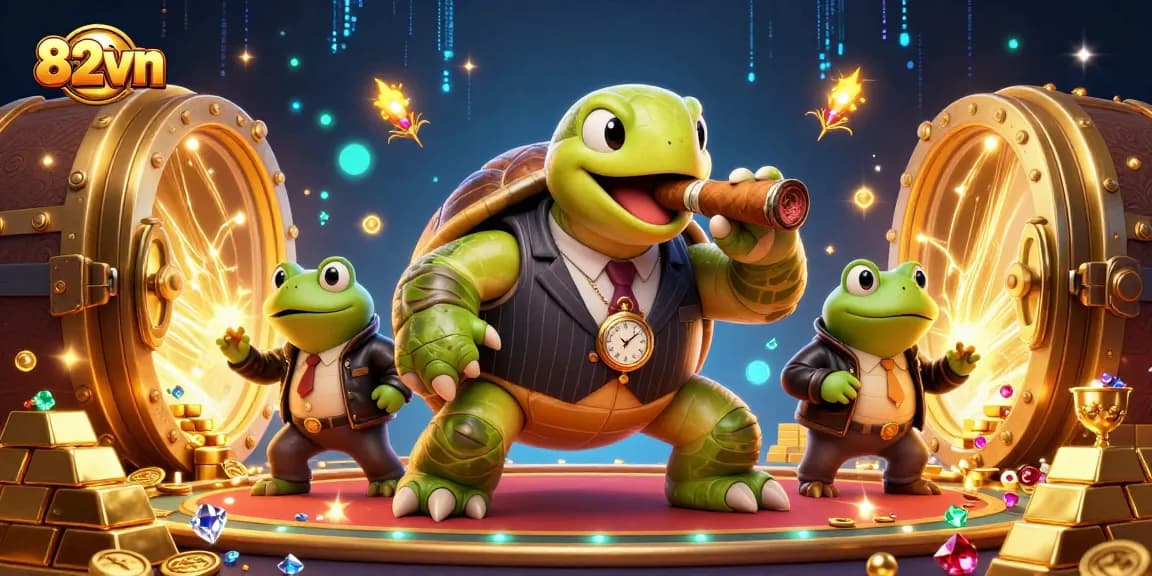 Experience thrilling gambling with 82vn as a cartoon turtle and bullfrogs enhance the excitement.
