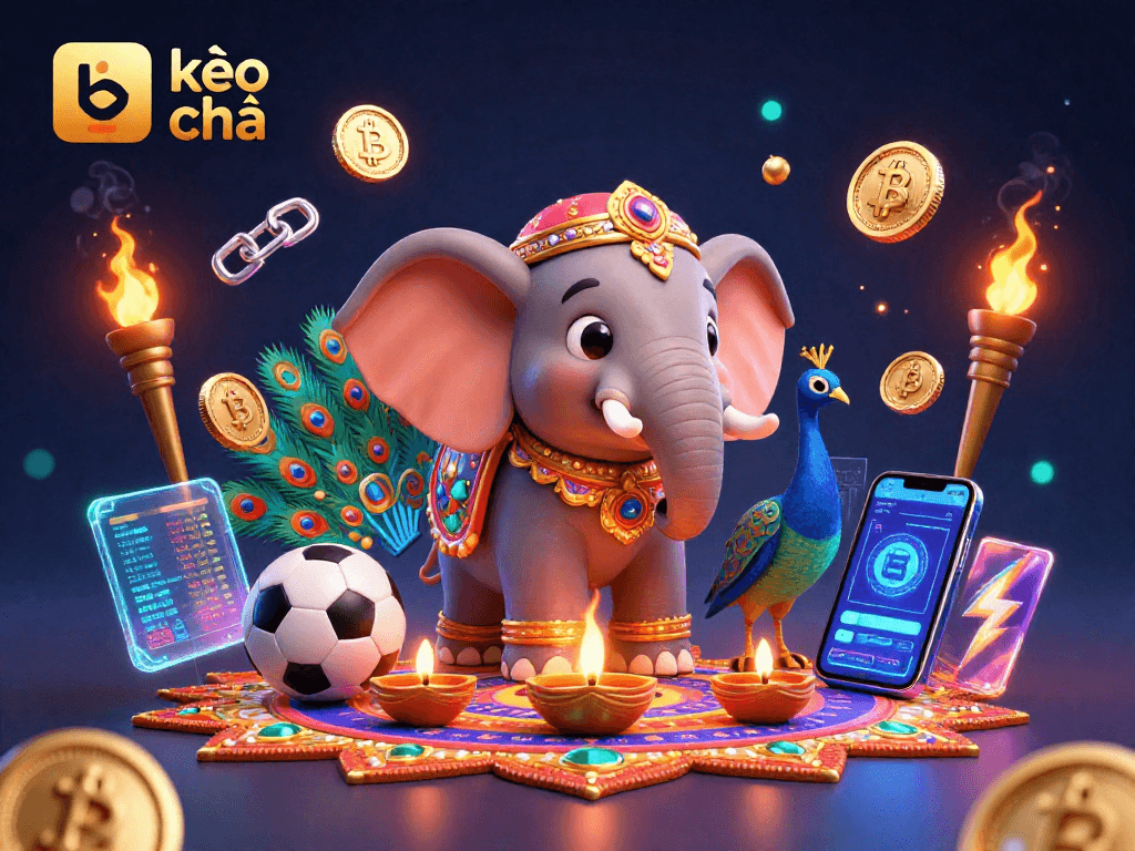 Bet on kèo nhà cái with vibrant 3D illustration showcasing a Diwali-themed elephant and sports betting elements.