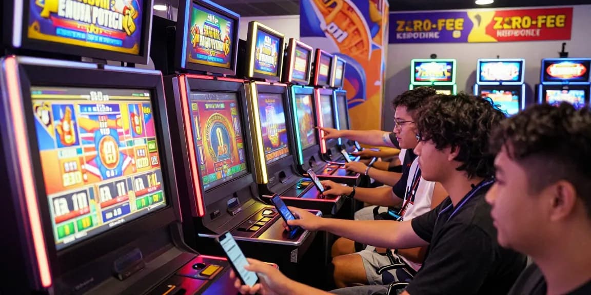 Excited players enjoying situs slot deposit tanpa potongan in vibrant gaming room with zero fees.