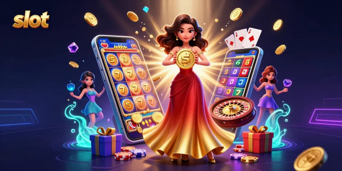 Terlibat dalam permainan slot yang mendebarkan dengan seorang wanita Asia yang dengan kemenangan memegang koin emas.
