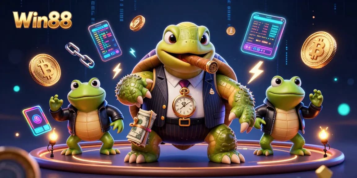 Win88 showcases a dynamic scene with a snapping turtle in a mobster suit and bullfrog enforcers amidst vibrant casino elements.