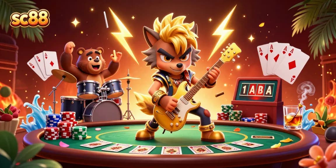 Experience thrilling gaming with sc88 as a rock star wolf shreds on guitar amidst a vibrant casino scene.