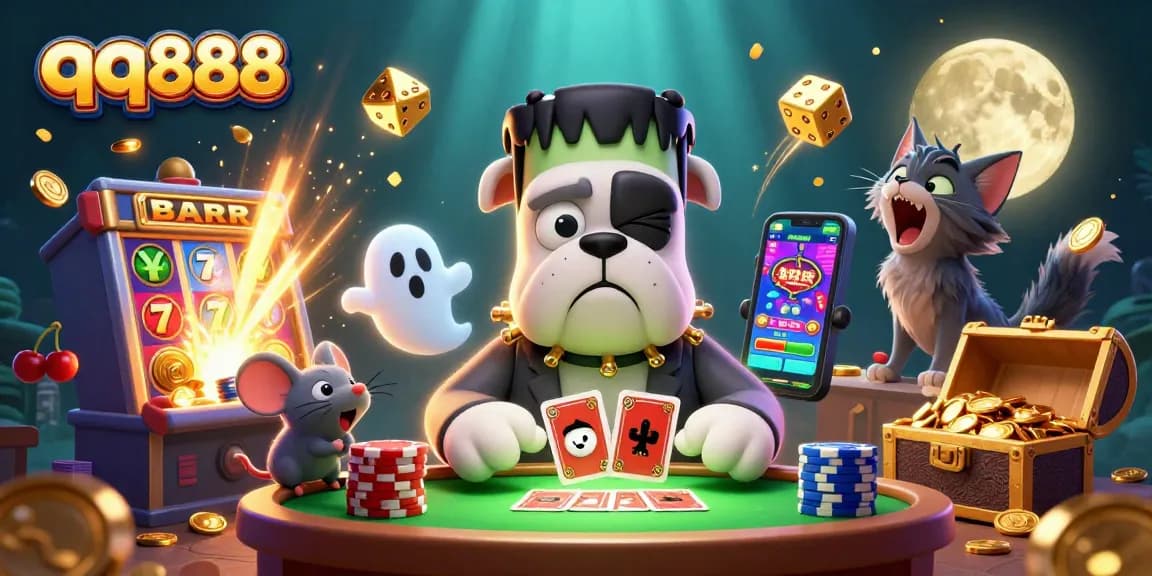 Experience the thrill of qq888 as the monster deals cards at a casino, with vibrant gaming elements around.