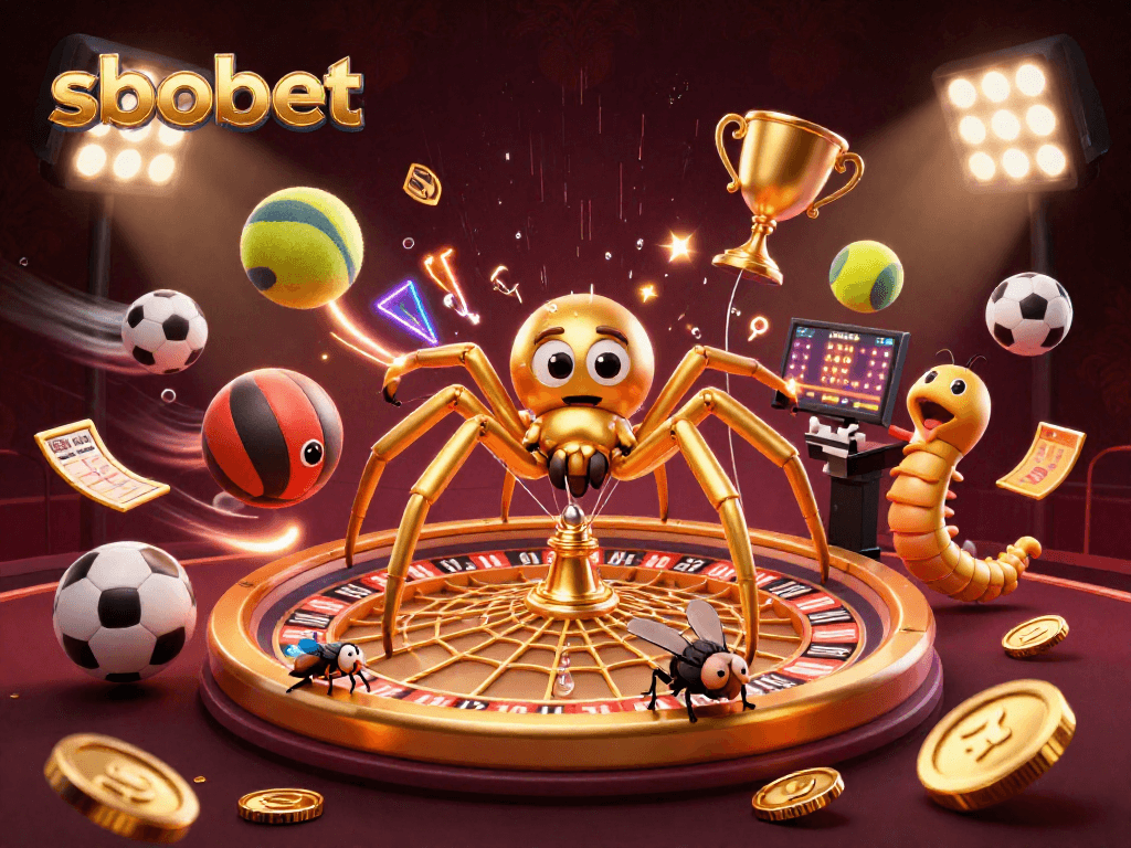Place bets creatively with sbobet in a thrilling 3D casino scene featuring sports elements.