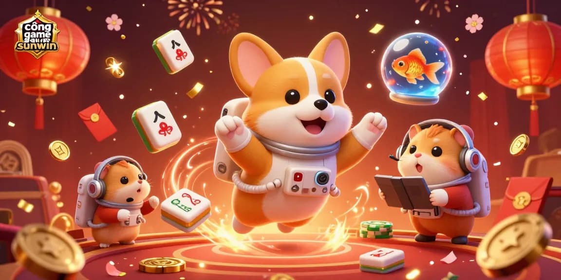 Experience fun with cổng game sunwin in a vibrant casino scene featuring a corgi and whimsical characters.